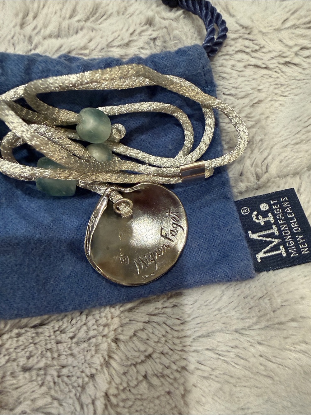 Mignon Faget Silver Braided Cord Necklace with Light Blue Sea Glass Beads